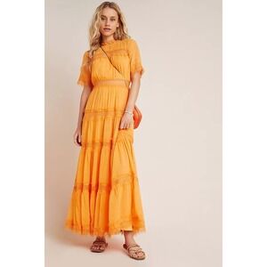 Ranna Gill Cipriana Tiered Lace Maxi Dress features intricate lace Sz 6